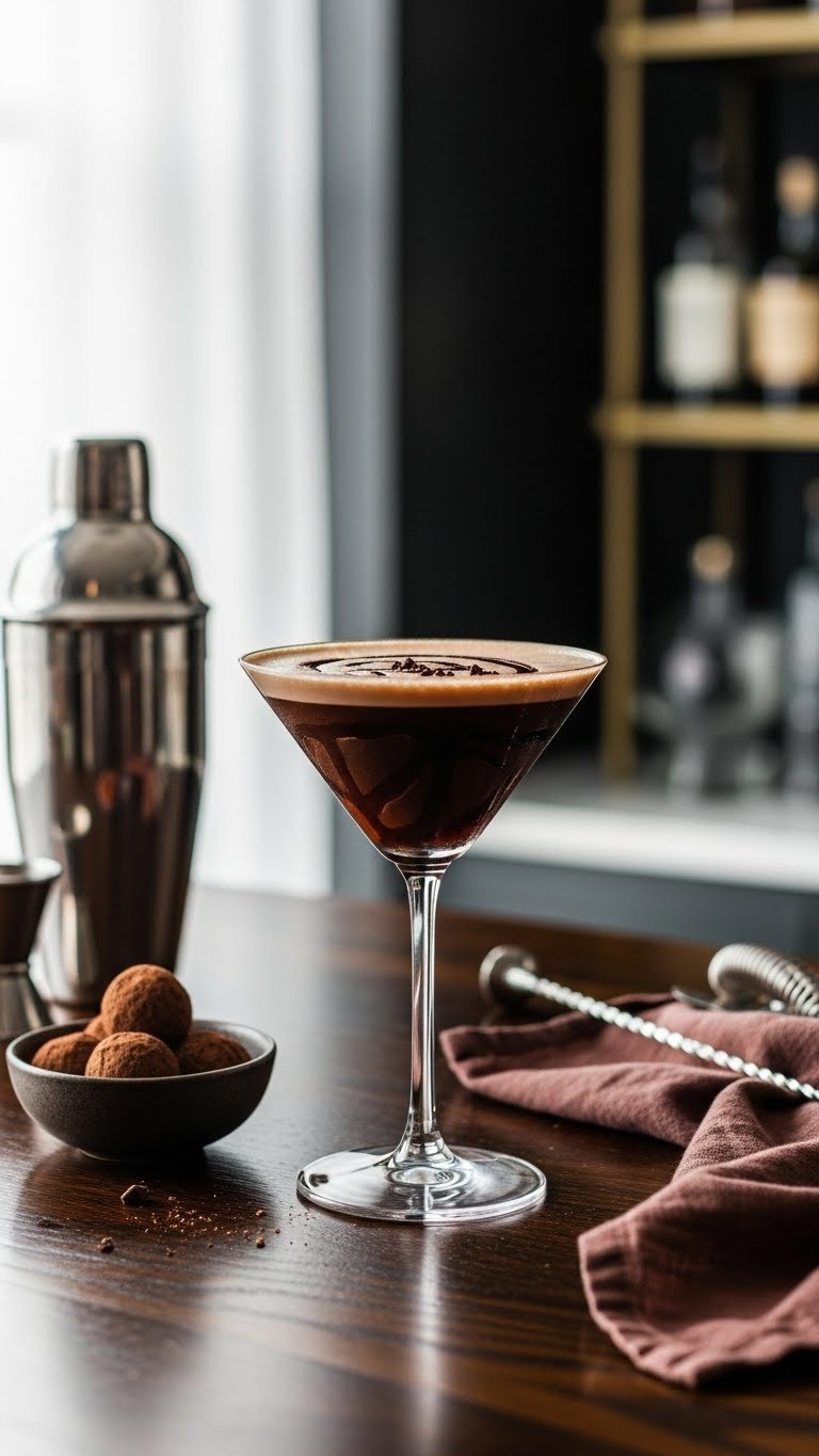 Rich chocolate martini in frosted glass with chocolate drizzle and cocoa powder on dark wooden bar top