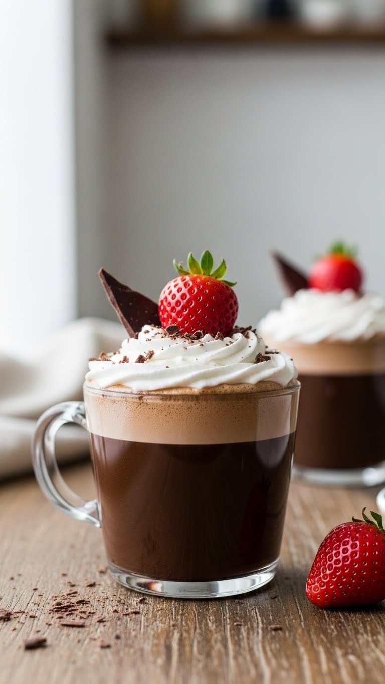 Rich dark chocolate covered strawberry mocha topped with whipped cream, fresh strawberry, and chocolate shavings on rustic wooden table