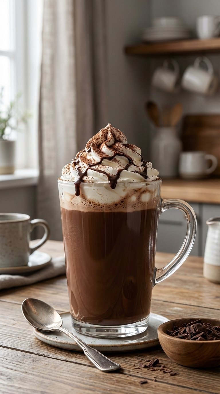 Rich mocha coffee drink topped with whipped cream and chocolate drizzle in tall glass mug