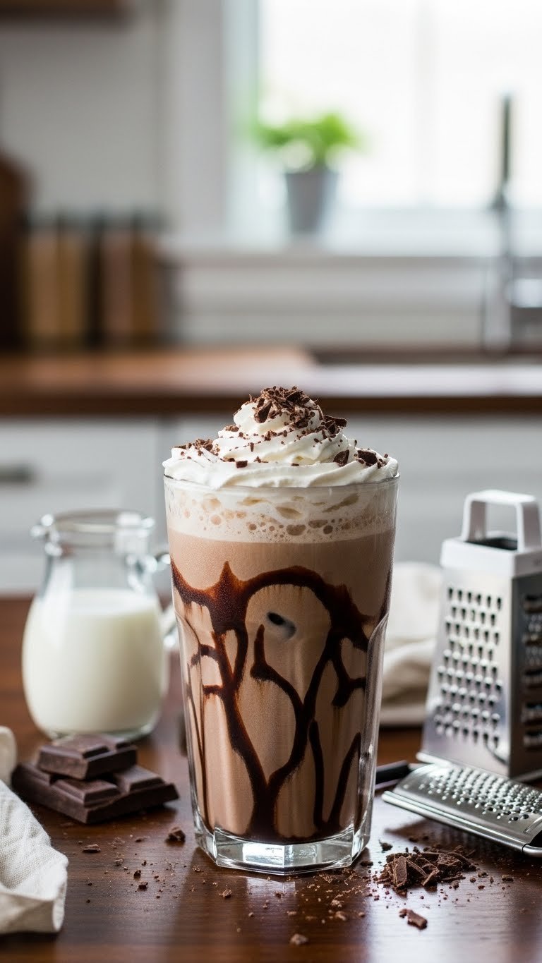Master 7 Iced Coffee Flavors at Home: Barista Secrets 5 Rich mocha iced coffee with chocolate syrup swirls, whipped cream, and chocolate shavings on polished dark wood surface