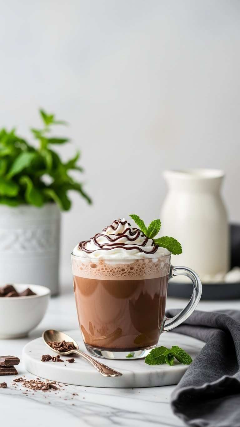 Rich mocha mint latte in clear glass mug with whipped cream and fresh mint sprig