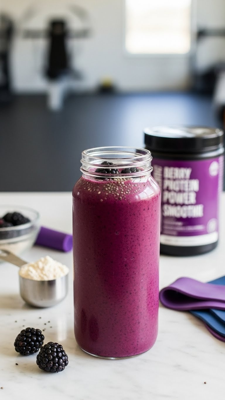Rich purple berry protein power smoothie topped with chia seeds and fresh berries in shaker bottle on marble countertop