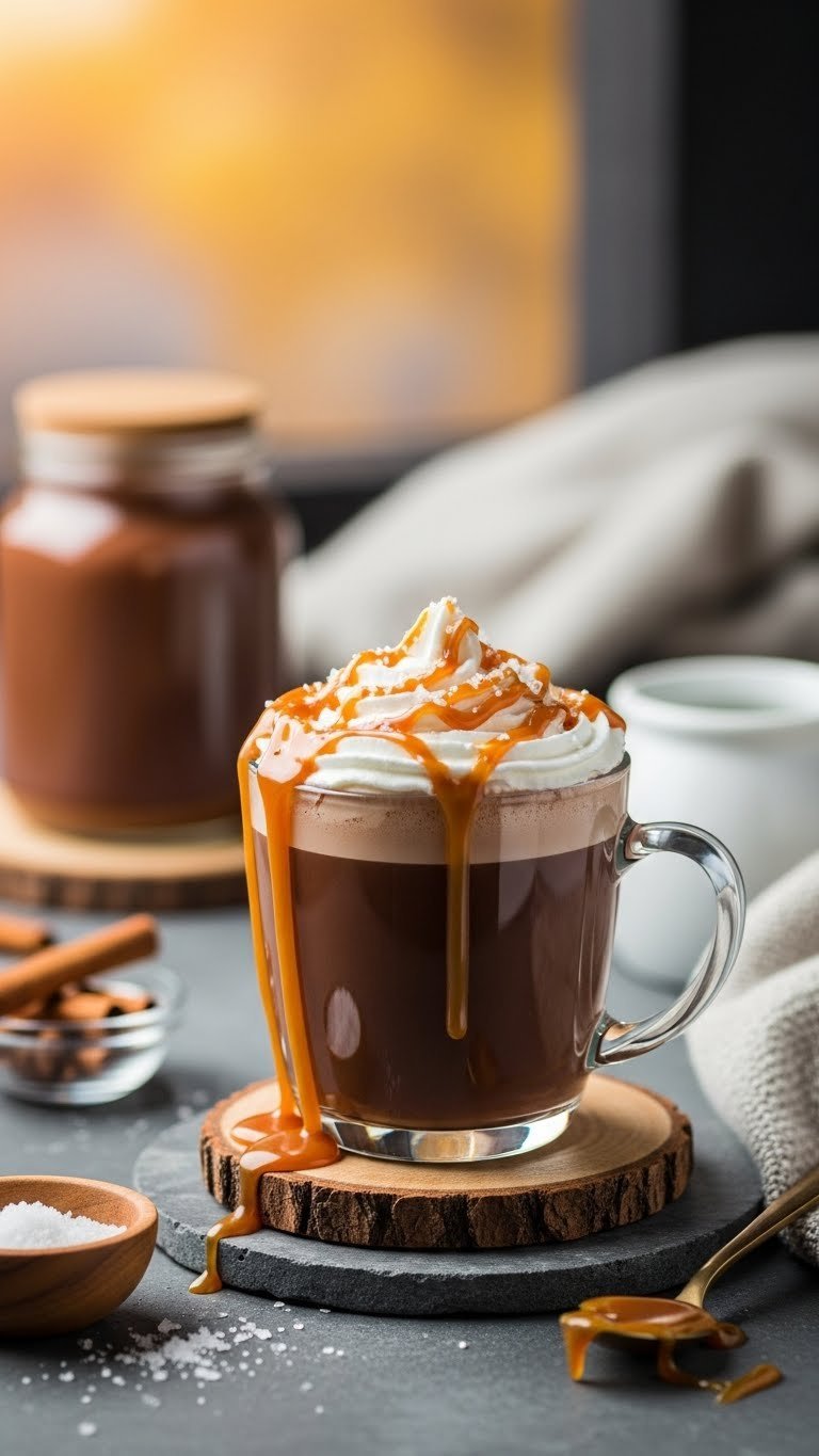 Rich salted caramel hot chocolate in ceramic mug with whipped cream and caramel drizzle