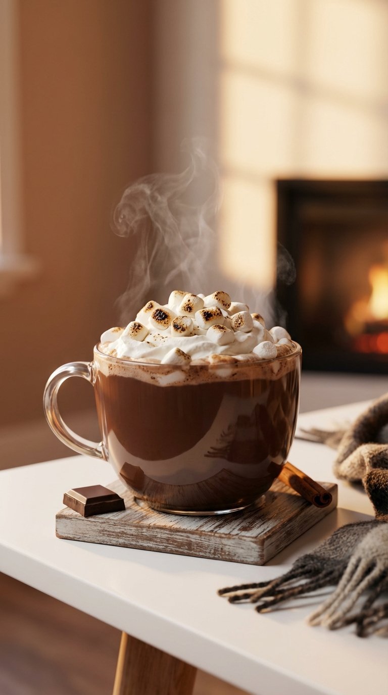 Rich sweet toasted marshmallow mocha in ceramic mug with whipped cream and marshmallows steaming