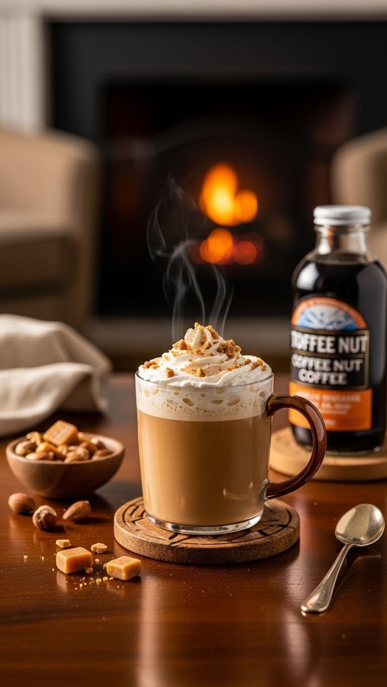 Rich toffee nut latte in rustic ceramic mug with whipped cream and toffee bits against cozy fireplace scene.