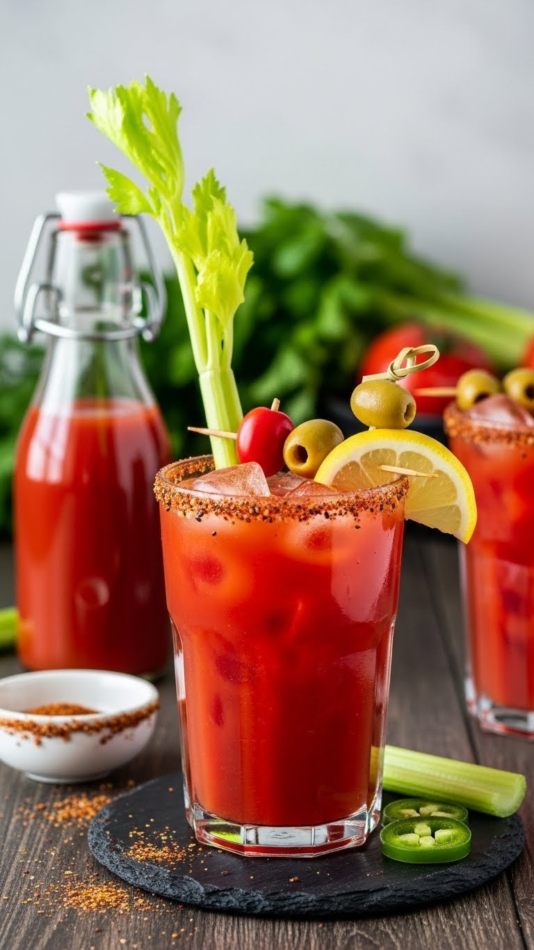 Robust Bloody Maria cocktail in Collins glass with celery stalk, olive skewer, and rich red hue on dark wood