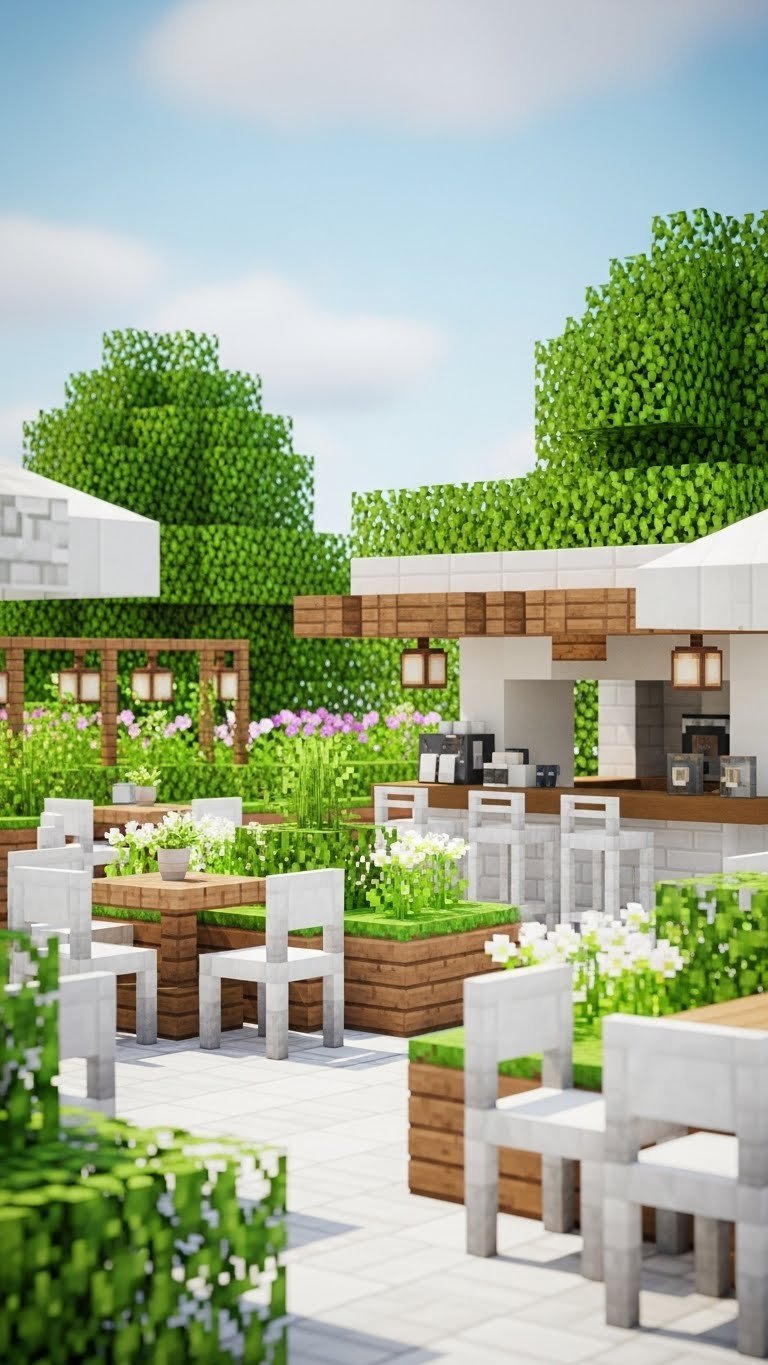 Rooftop garden coffee spot in Minecraft with lush greenery, outdoor seating, and fresh natural light-filled atmosphere