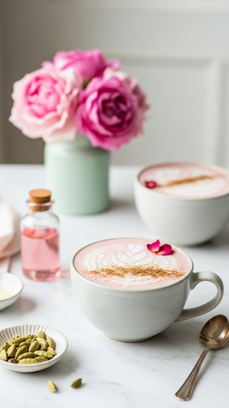 Rose cardamom latte in elegant ceramic cup with rose petal garnish on marble countertop