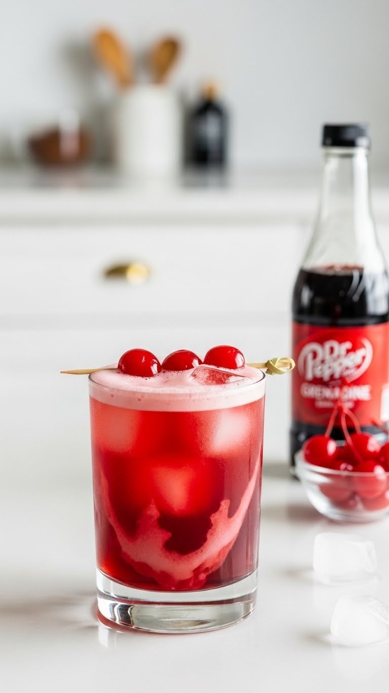 Ruby-red Dr Pepper Cherry Bomb mocktail with maraschino cherries and grenadine swirl in sleek glass on minimalist table