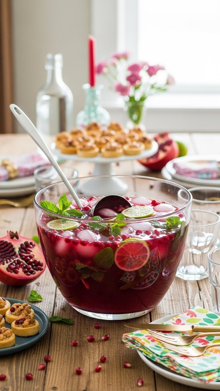 Ruby red pomegranate party punch in elegant bowl with floating fruit garnishes on rustic wooden table