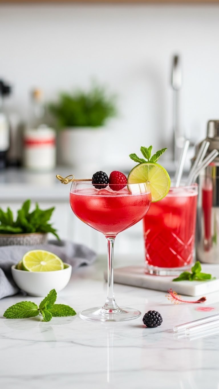 Ruby-red sparkling hibiscus iced tea mocktail in coupe glass with lime slice and berries on marble bar