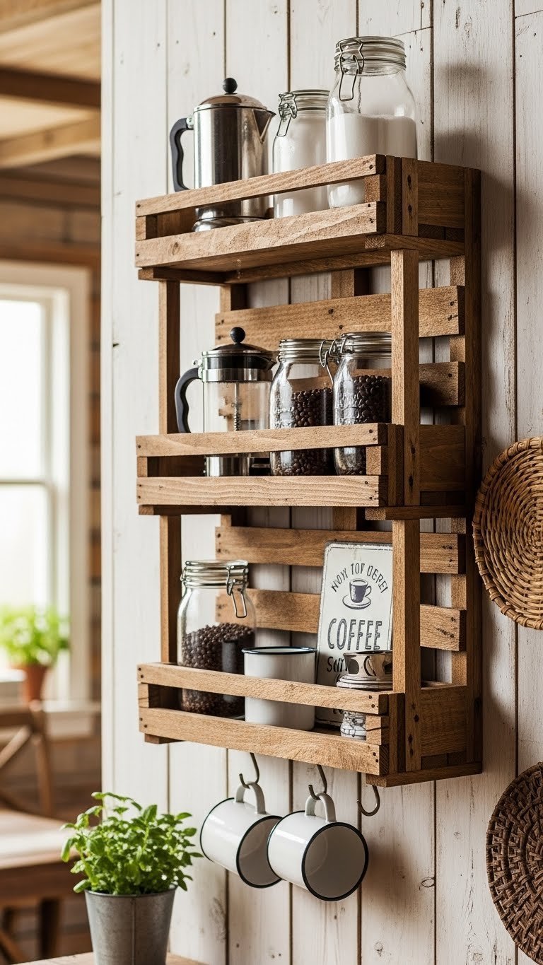 Rustic DIY pallet wood coffee shelf with French press, enamel mugs, and storage jars on distressed wall