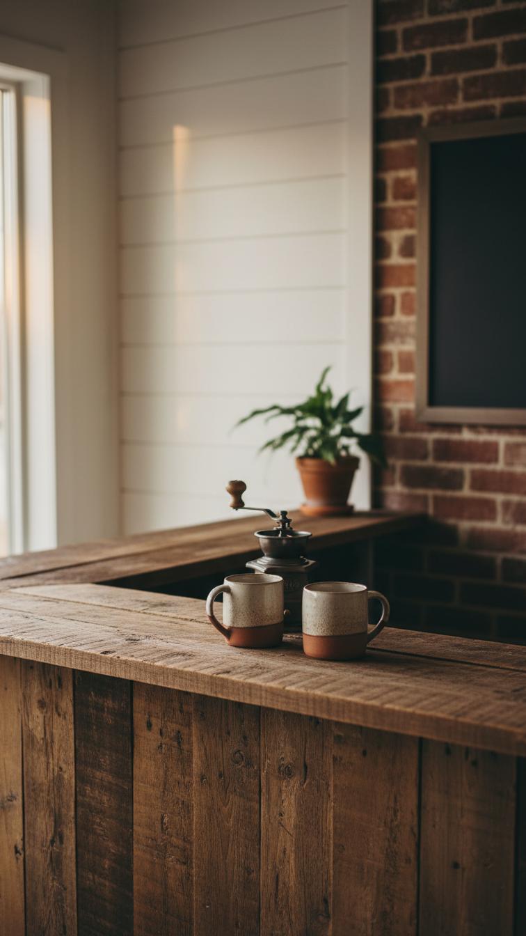 Rustic L-shaped coffee bar with reclaimed wood countertop, vintage grinder, and brick wall backdrop