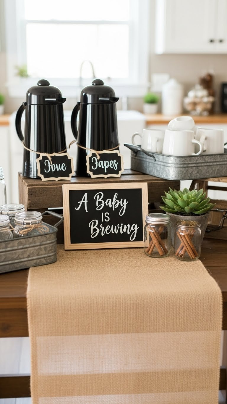 Rustic baby shower coffee station with burlap table runner, wooden sign, and galvanized metal trays holding white ceramic mugs in warm golden hour lighting.