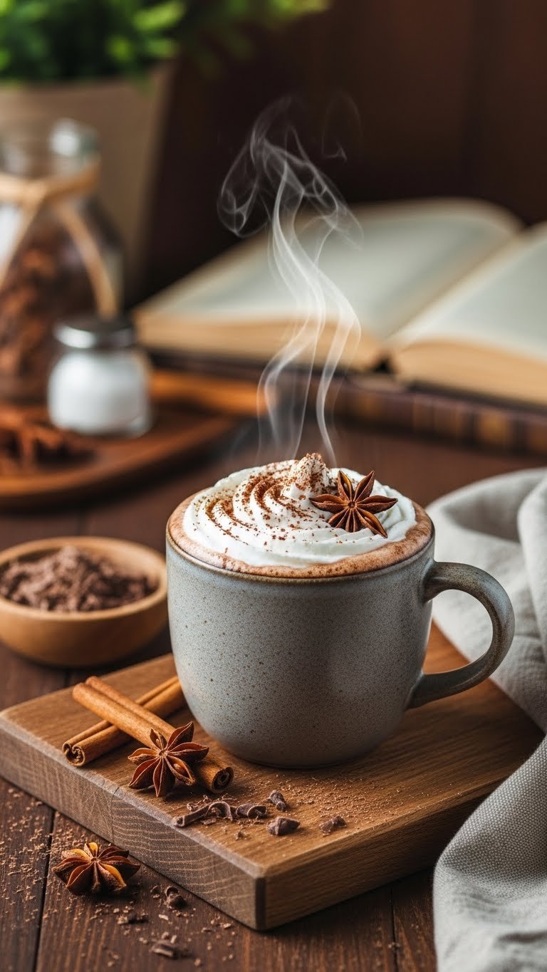 Rustic ceramic mug filled with rich spiced hot chocolate topped with whipped cream and cocoa powder