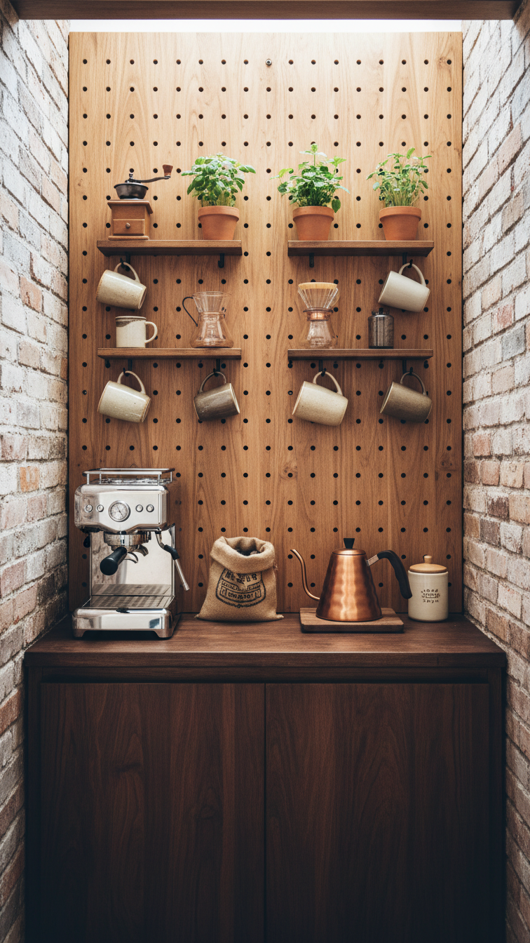 Rustic closet coffee bar with natural wood pegboard organization, vintage coffee machine, and dark-stained countertop