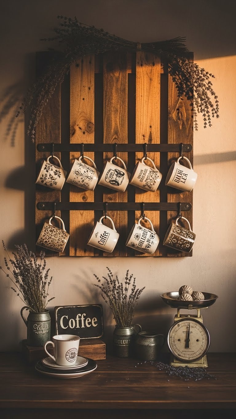 Rustic coffee bar with repurposed wooden pallet and vintage mugs hanging from dark metal hooks