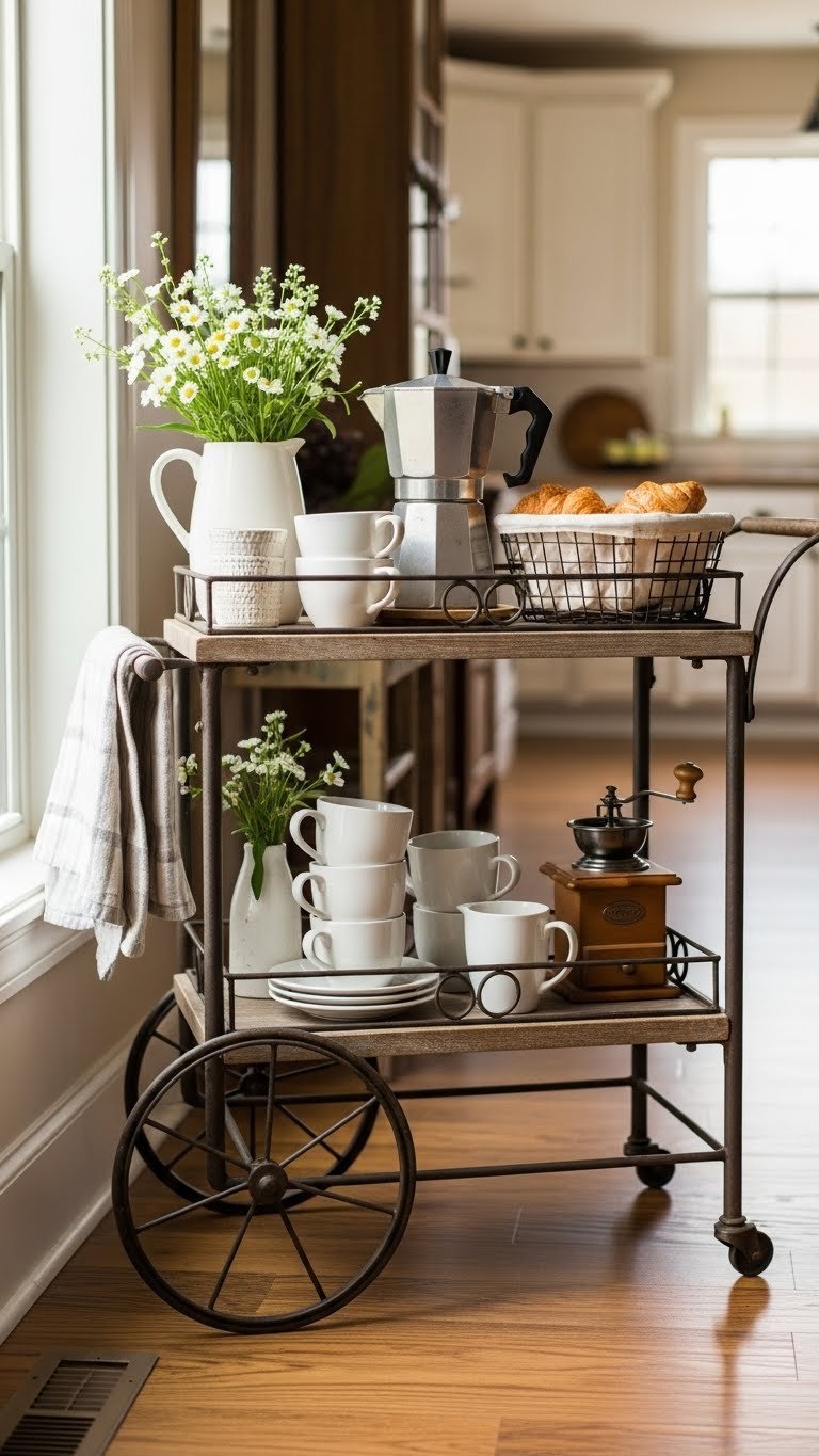 Rustic coffee cart on wheels with vintage coffee maker and ceramic mugs in cozy farmhouse kitchen