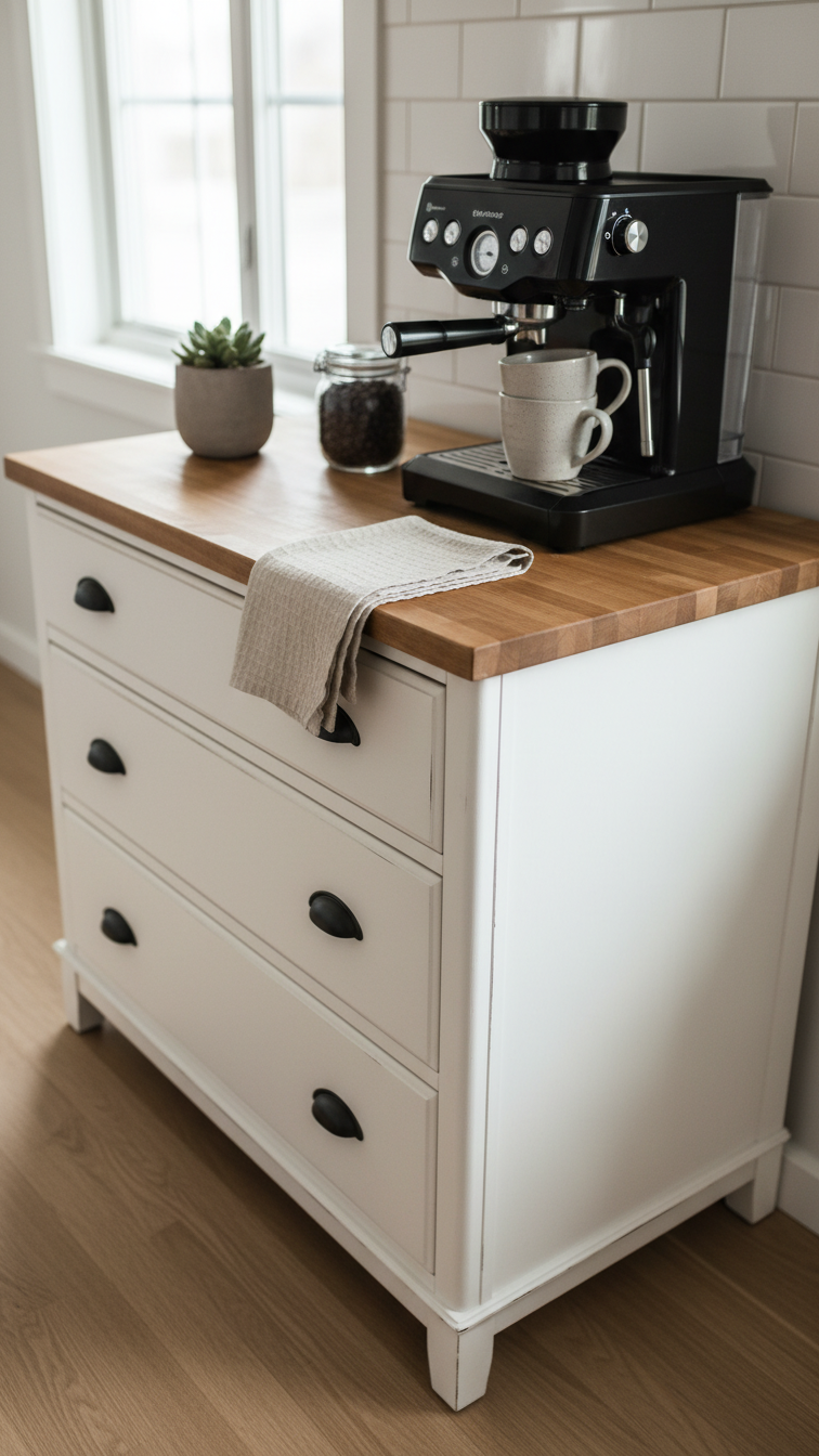 Rustic coffee station made from chalk-painted white dresser with butcher block top featuring black espresso machine and ceramic mugs