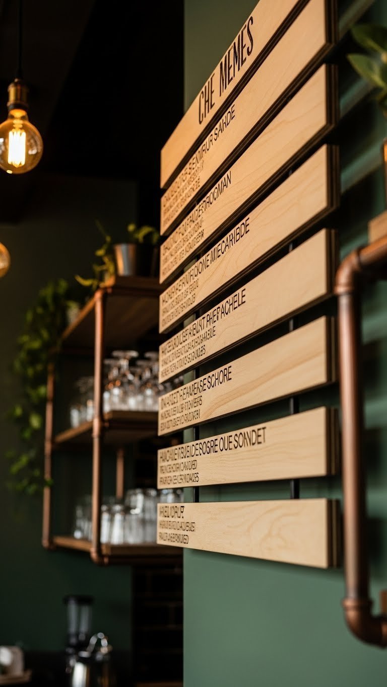 Rustic engraved wooden menu board with birch planks and dark engraving on sage green accent wall with Edison bulb lighting