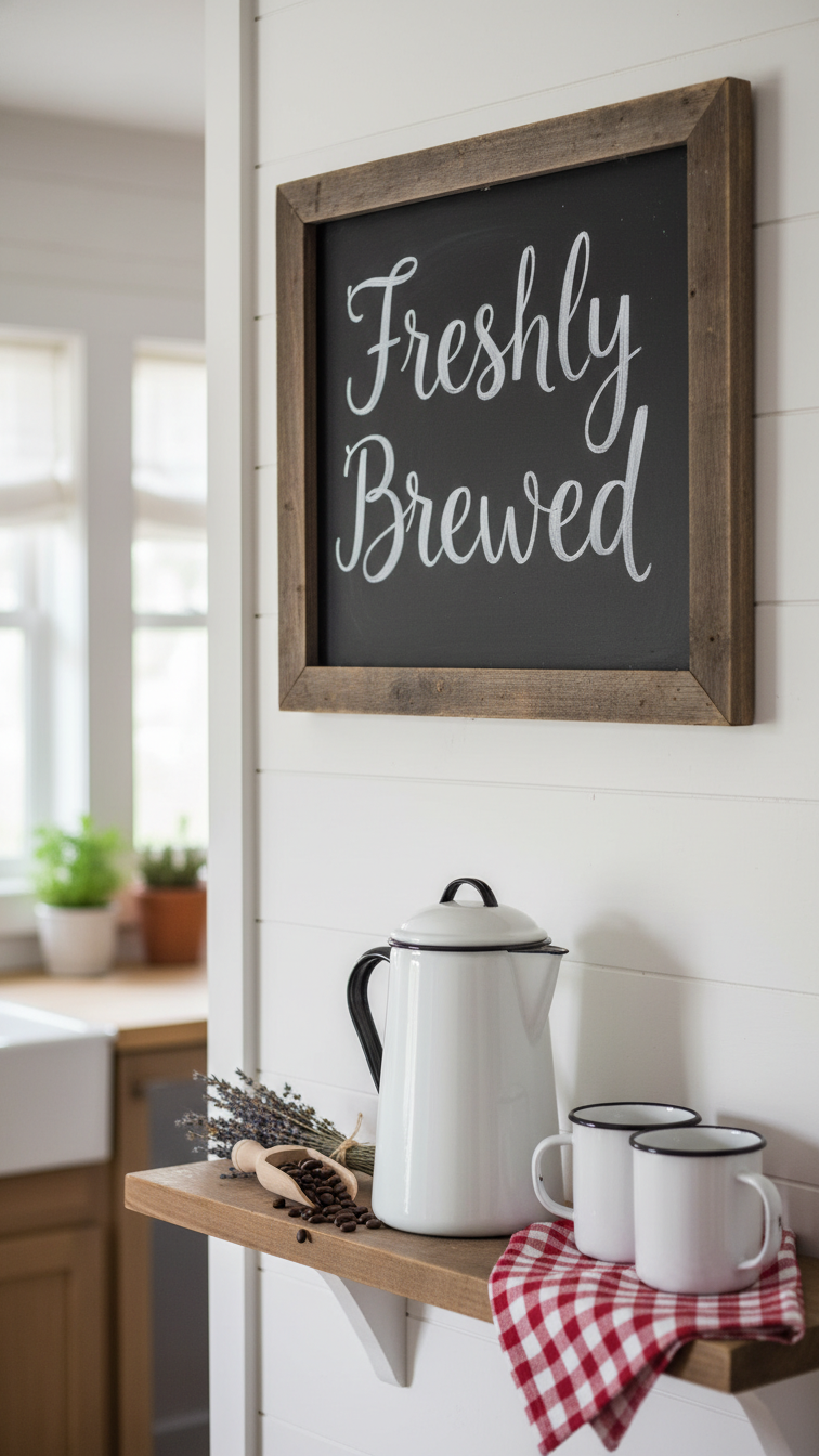 Rustic farmhouse 'Freshly Brewed' sign painted on weathered wood-framed chalkboard with vintage coffee pot and lavender bundle