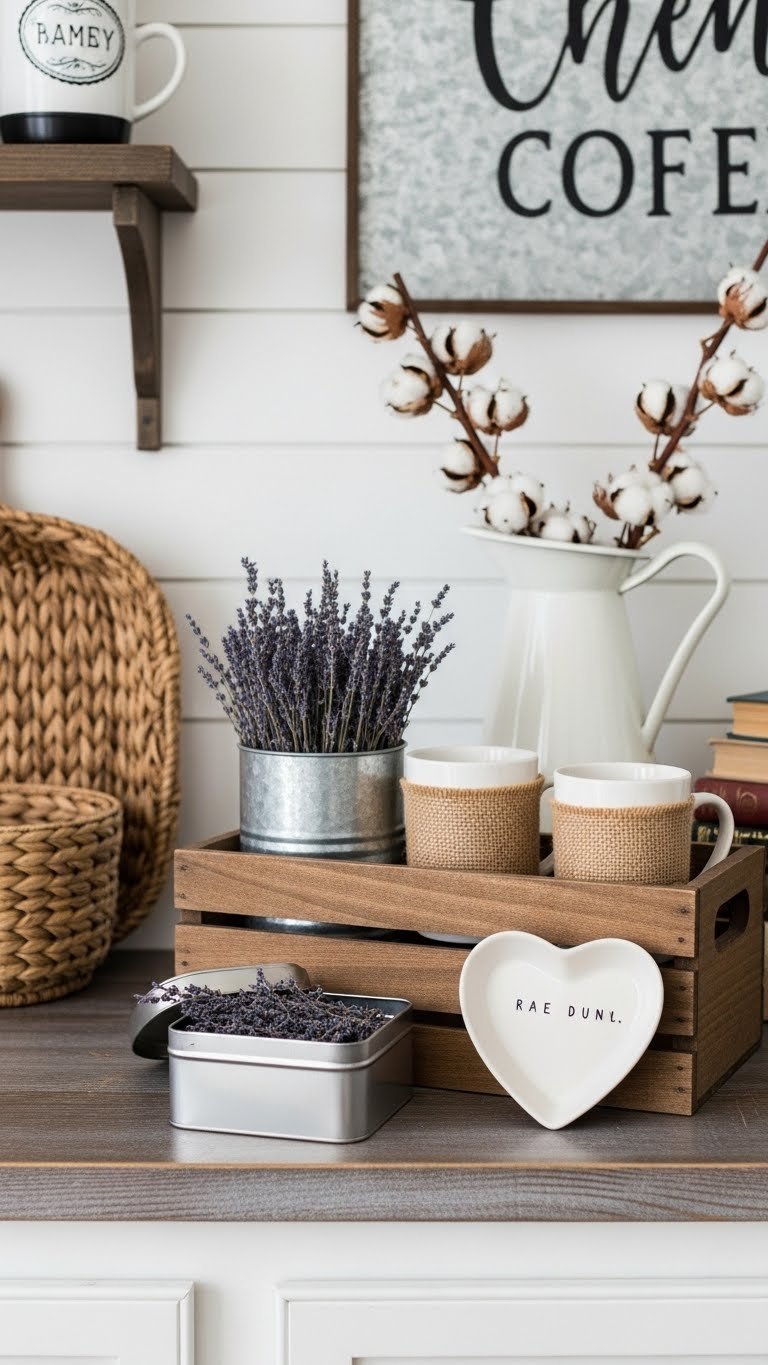 Rustic farmhouse Valentine's coffee station featuring wooden crate with burlap-wrapped mugs and lavender bouquet on shiplap wall