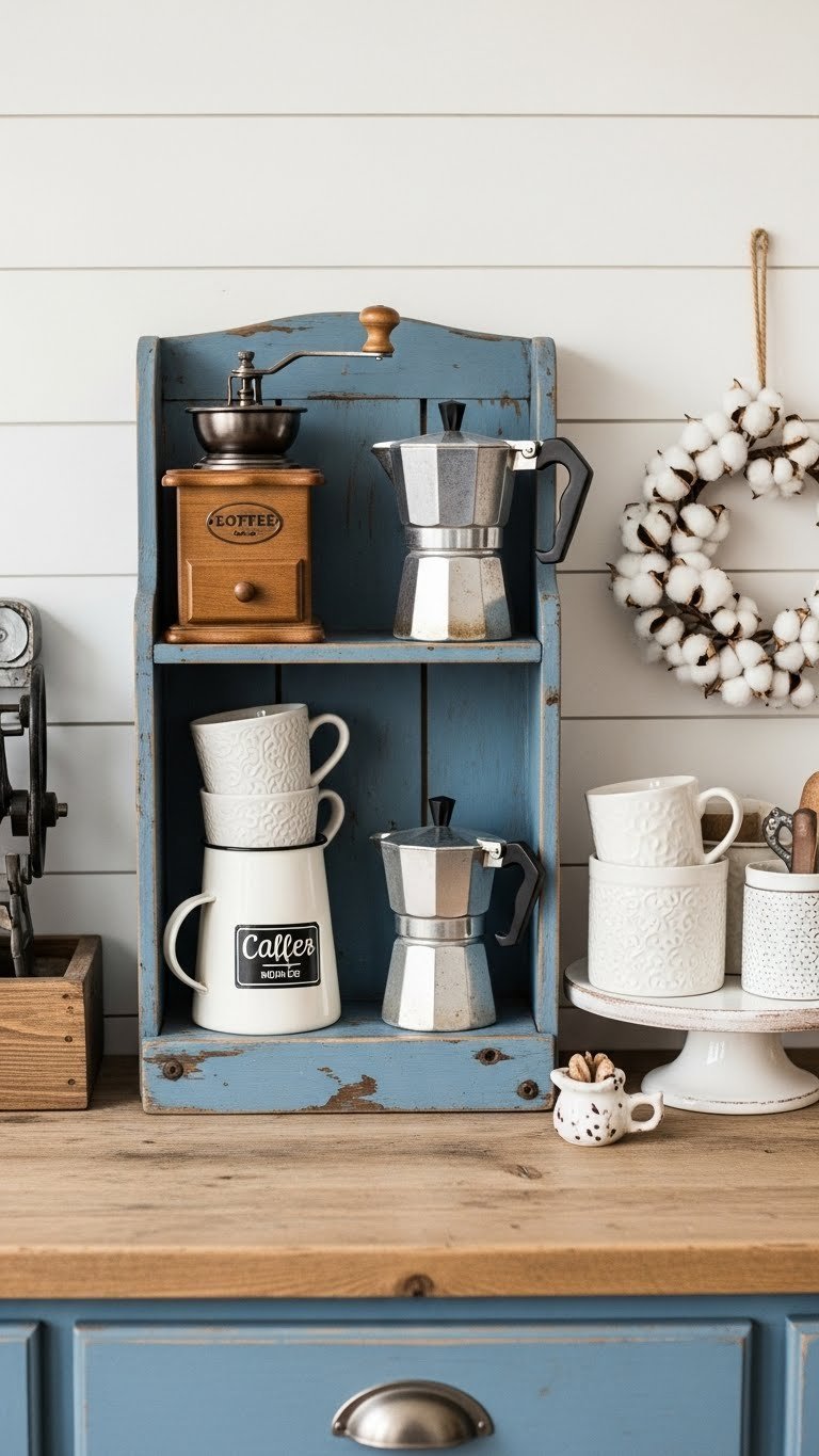 Rustic farmhouse blue coffee station with reclaimed wood, vintage coffee grinder, and shiplap wall in warm golden hour light