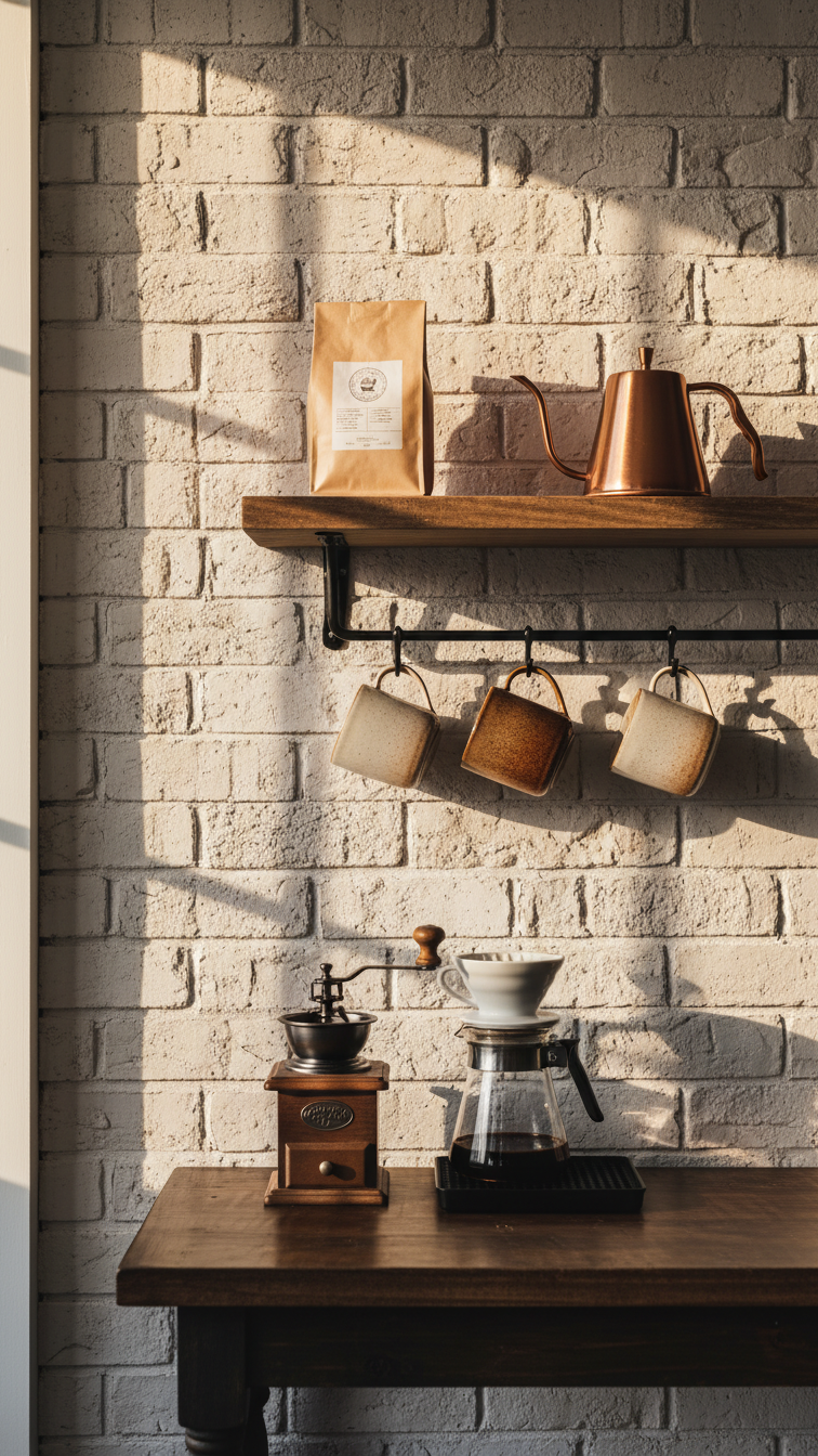 Rustic farmhouse brick backsplash with whitewashed texture behind vintage coffee grinder and pour-over setup