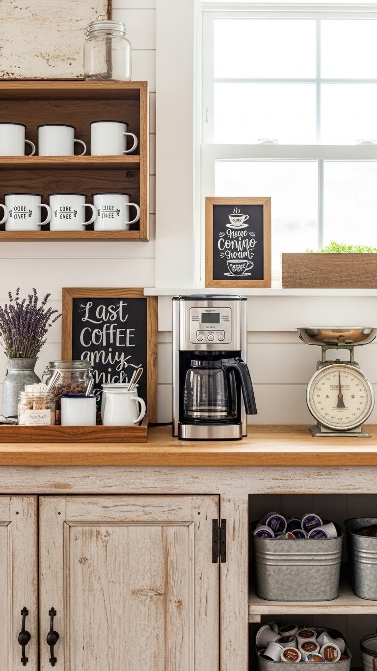 Rustic farmhouse charm coffee bar with distressed wooden cabinet, enamelware mugs, chalkboard sign, and modern coffee maker on shiplap backdrop.