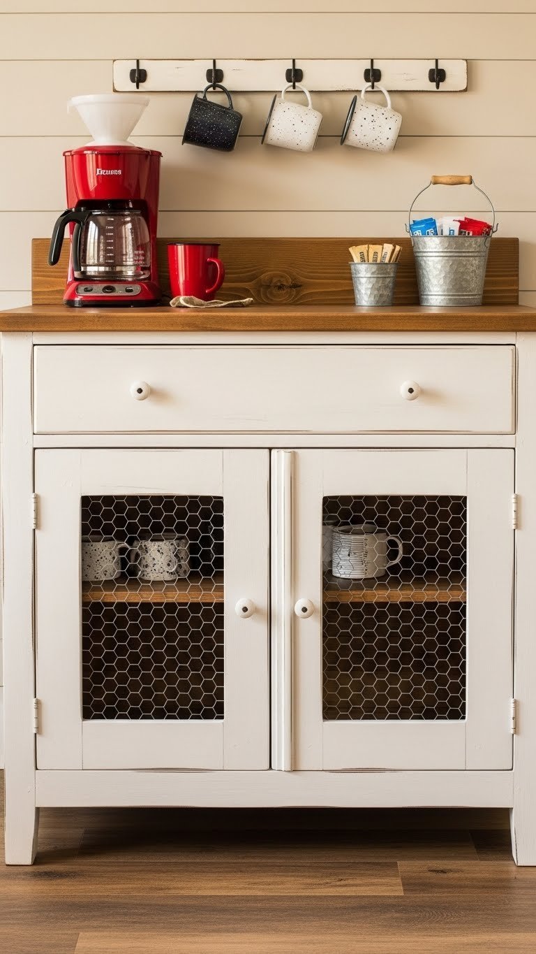 Rustic farmhouse coffee bar from antique TV armoire with chalk-painted finish, wood countertop, and red drip coffee maker.