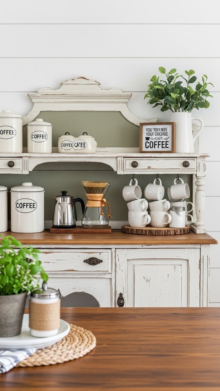 Rustic farmhouse coffee bar with distressed white buffet, vintage coffee canisters, pour-over maker, and ceramic mugs on wooden table with shiplap background.