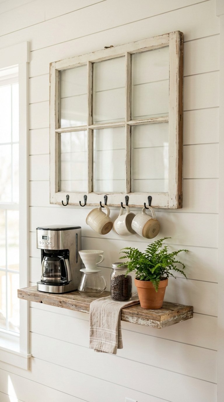 Rustic farmhouse coffee bar with distressed white window frame, wooden shelf for drip coffee maker, and hanging mugs