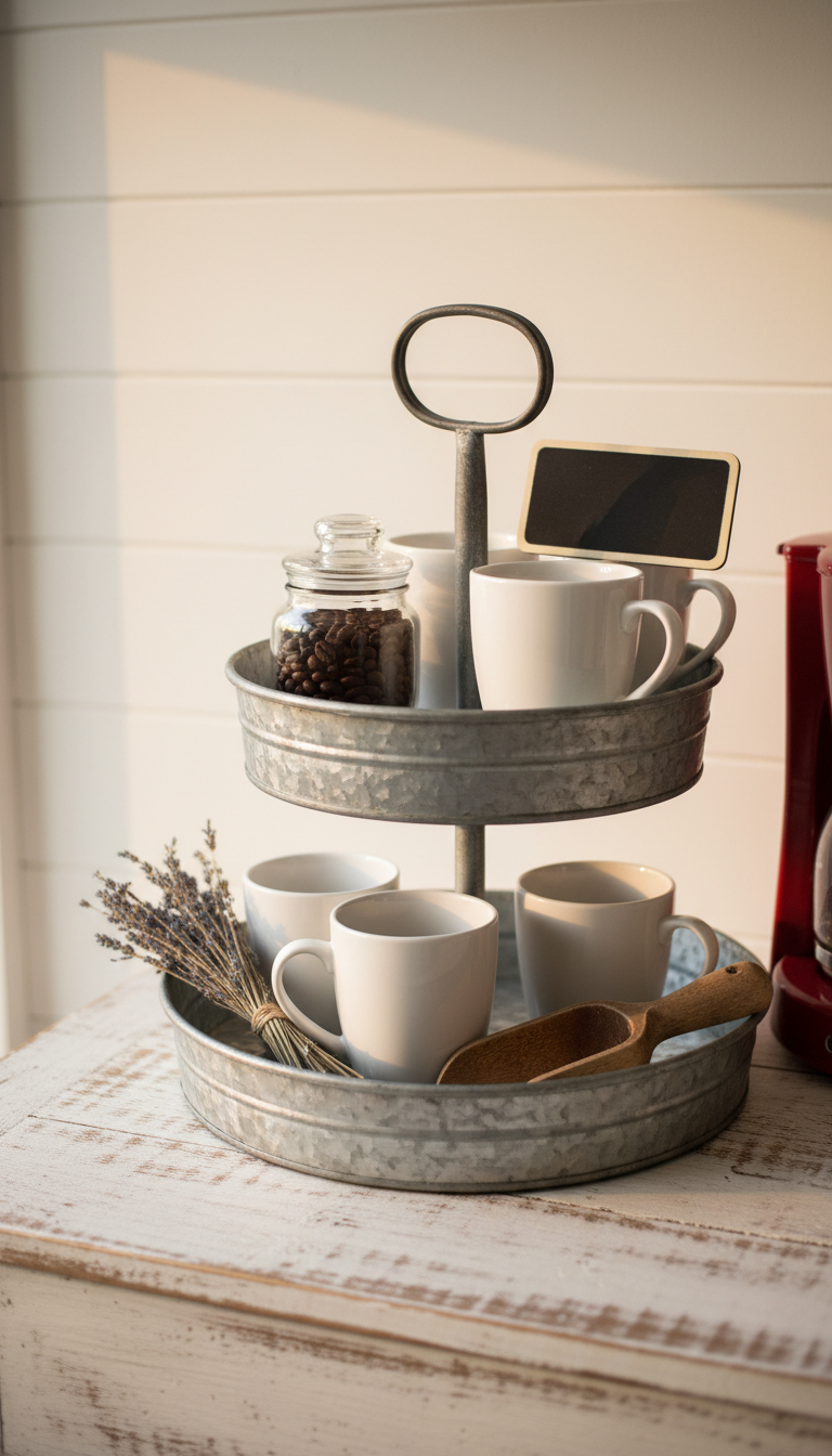 Rustic farmhouse coffee bar with galvanized metal tray holding white mugs on distressed white wood table