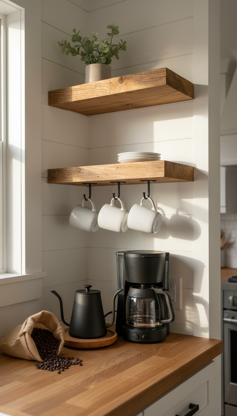 Rustic farmhouse coffee bar with reclaimed wood floating shelves on white shiplap wall, featuring ceramic mugs and vintage kettle on butcher block countertop