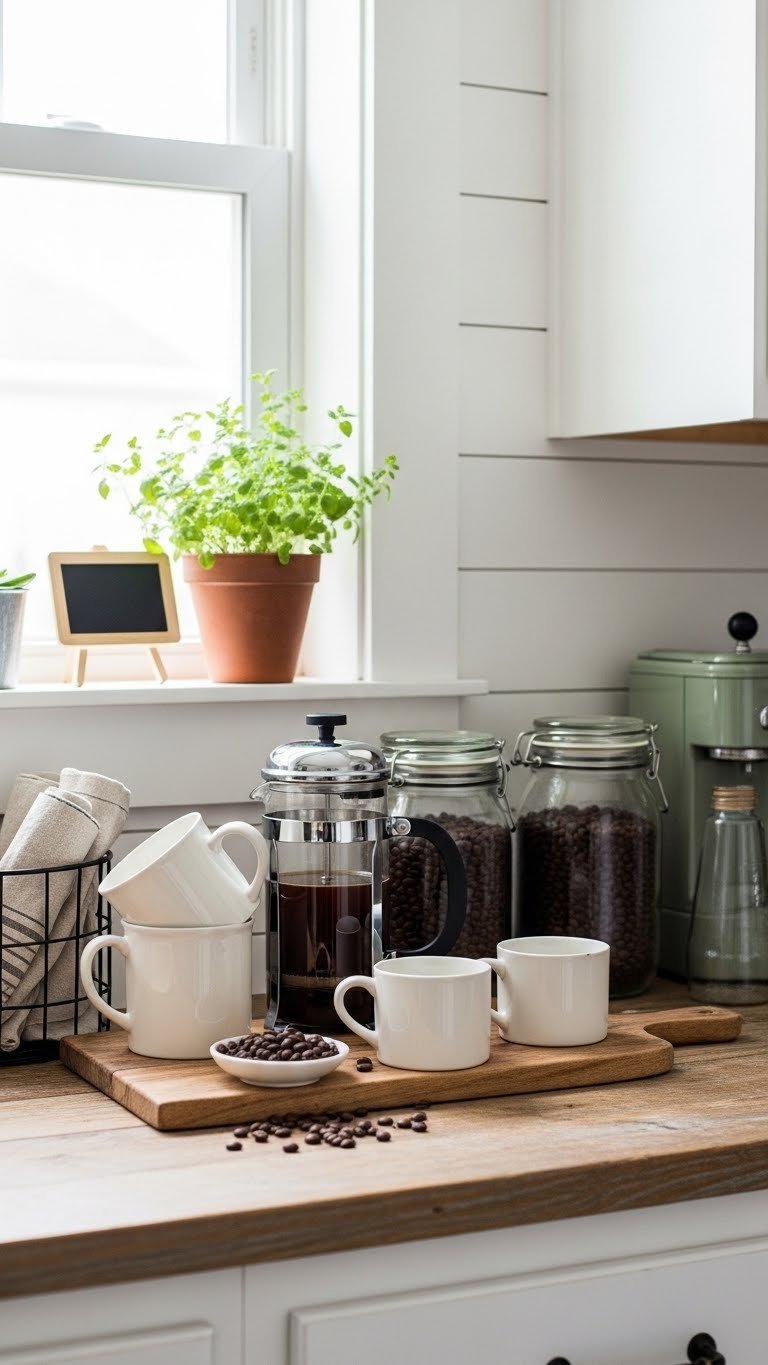 Rustic farmhouse coffee bar with vintage mugs, French press, and storage jars on distressed wooden countertop
