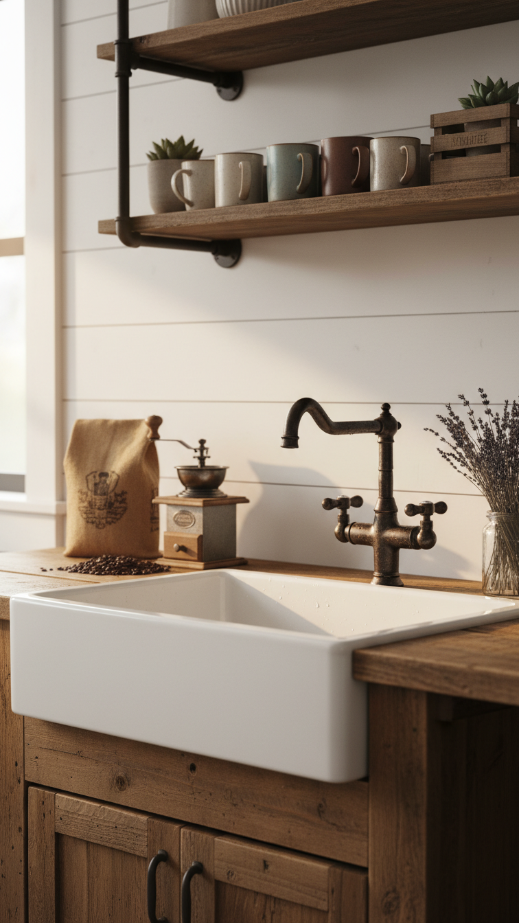 Rustic farmhouse coffee bar with white fireclay apron-front sink and oil-rubbed bronze faucet on reclaimed wood countertop