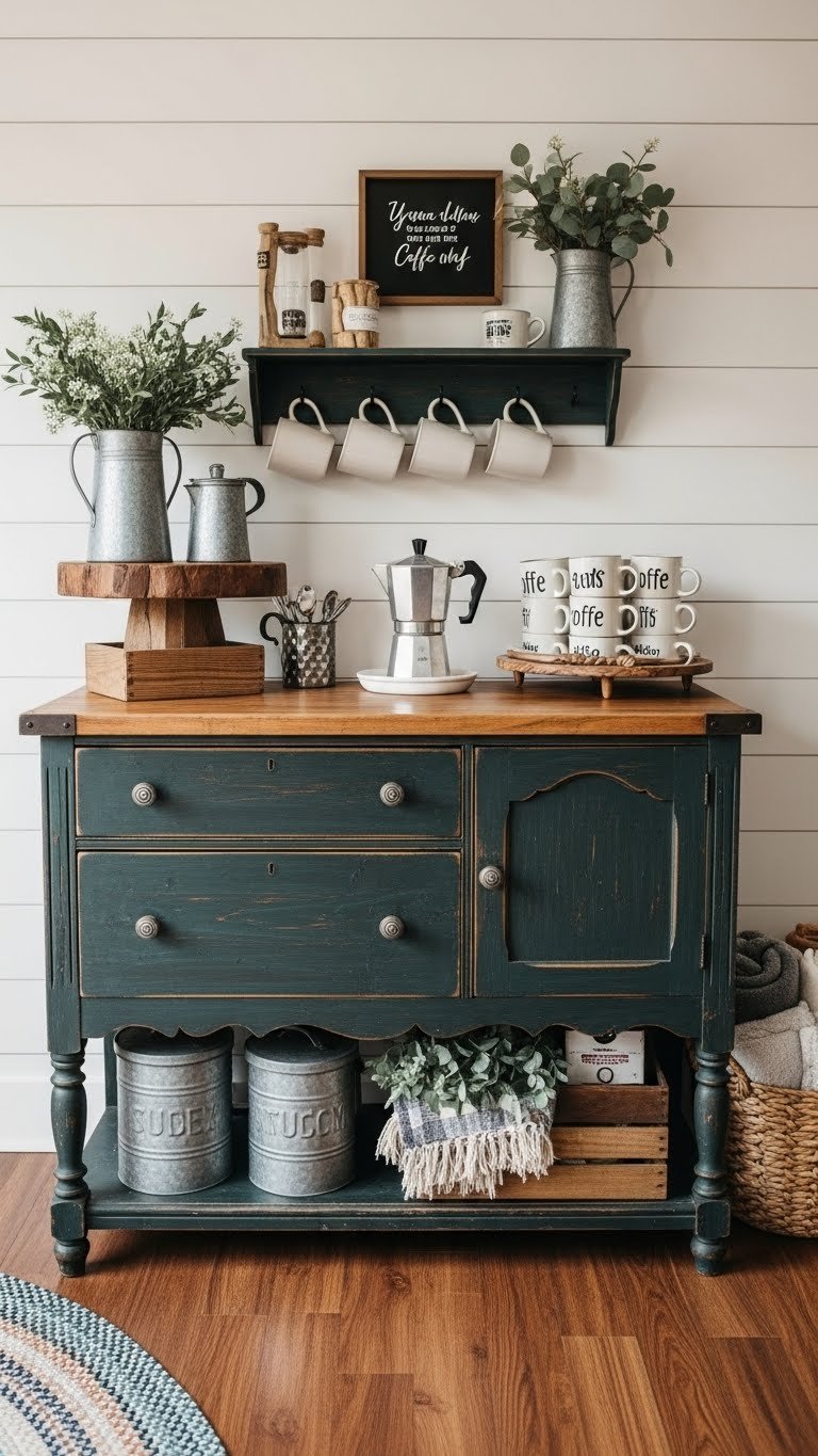 Rustic farmhouse coffee station converted from teal-painted dresser with vintage percolator, mismatched mugs, and shiplap wall background