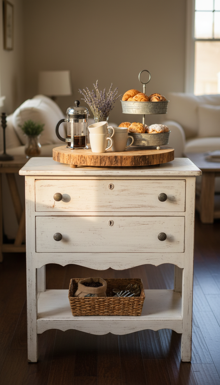 Rustic farmhouse coffee station using vintage white dresser with French press and metal tiered pastry stand.