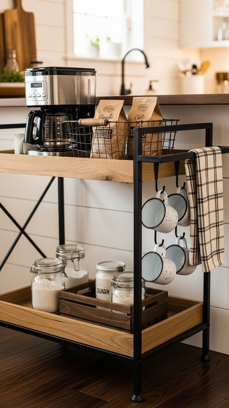 Rustic farmhouse coffee trolley with wood and black metal, drip coffee maker, enamelware mugs, and plaid towel on dark wood floor.