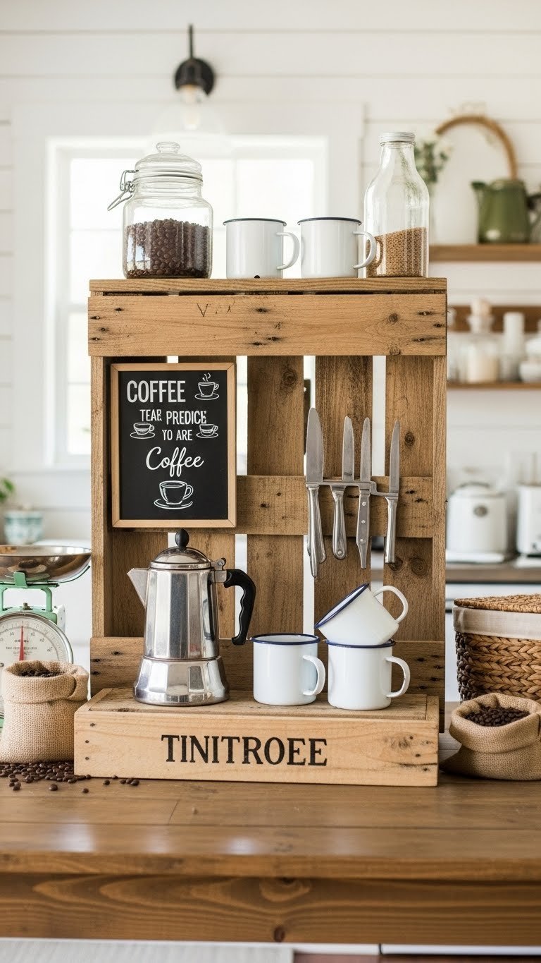 Rustic farmhouse vintage coffee bar made from reclaimed pallets with classic percolator and enamelware