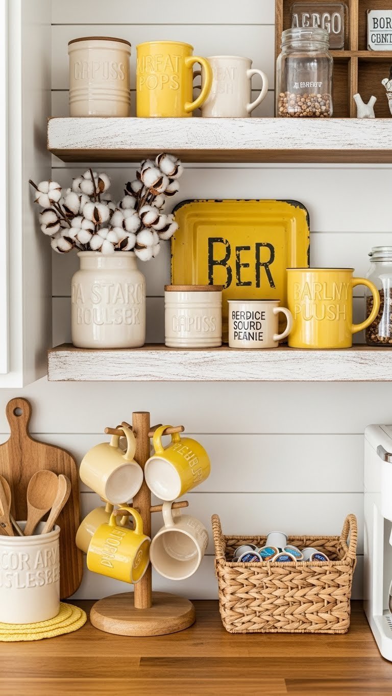 Rustic farmhouse yellow mug display on shiplap wall with distressed wooden shelf and coffee accessories
