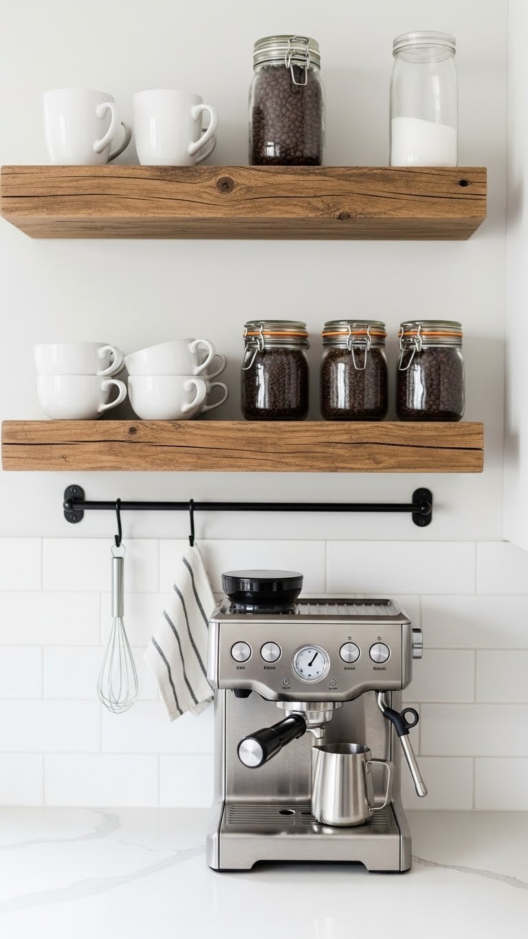 Rustic floating shelf coffee station with espresso machine, white mugs, and metal rail on white kitchen wall