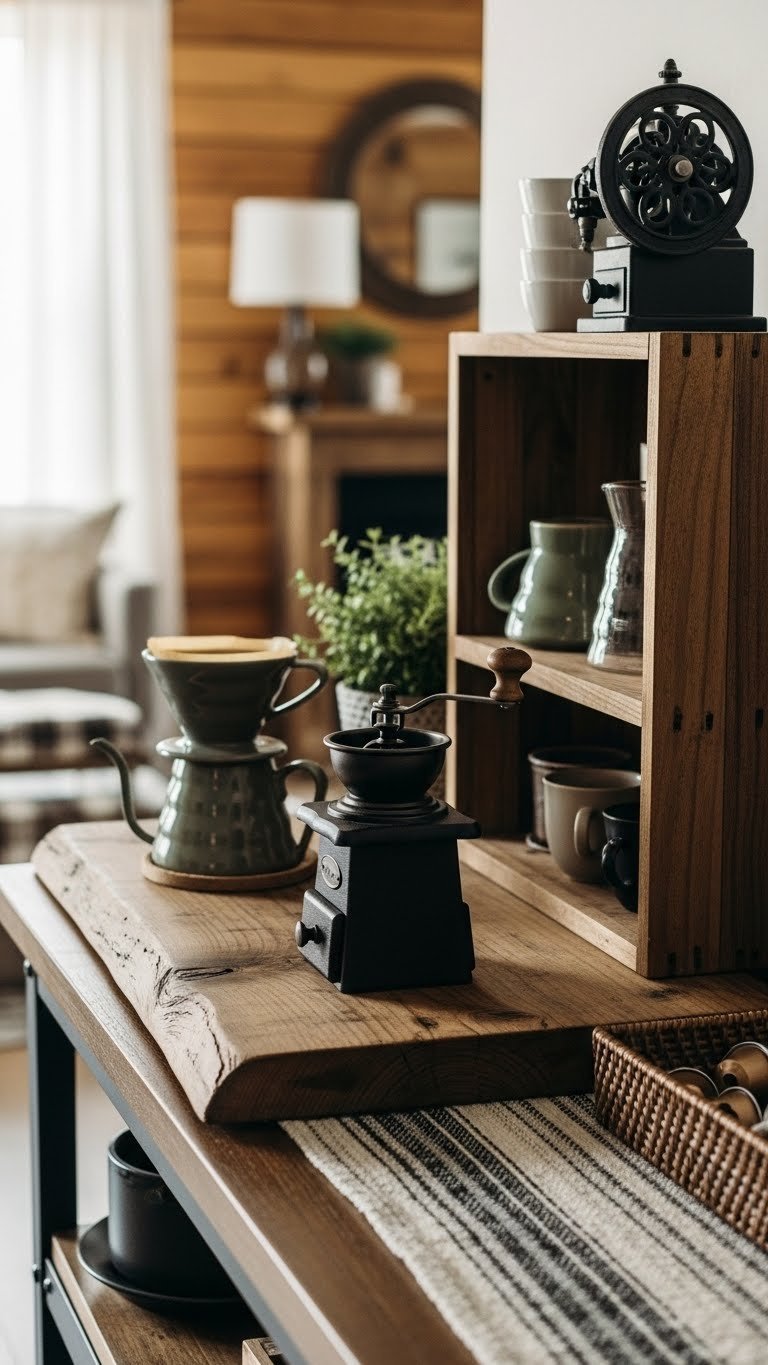 Rustic industrial coffee bar featuring natural wood countertop and cast-iron coffee grinder in warm cozy setting