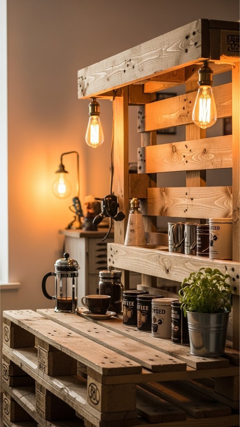 Rustic industrial coffee bar with upcycled pallets and Edison bulb lighting creating warm cozy atmosphere
