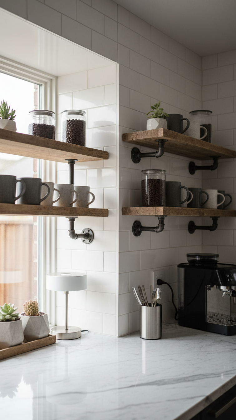 Rustic industrial pipe shelves with coffee mugs and succulents flanking bay window coffee bar