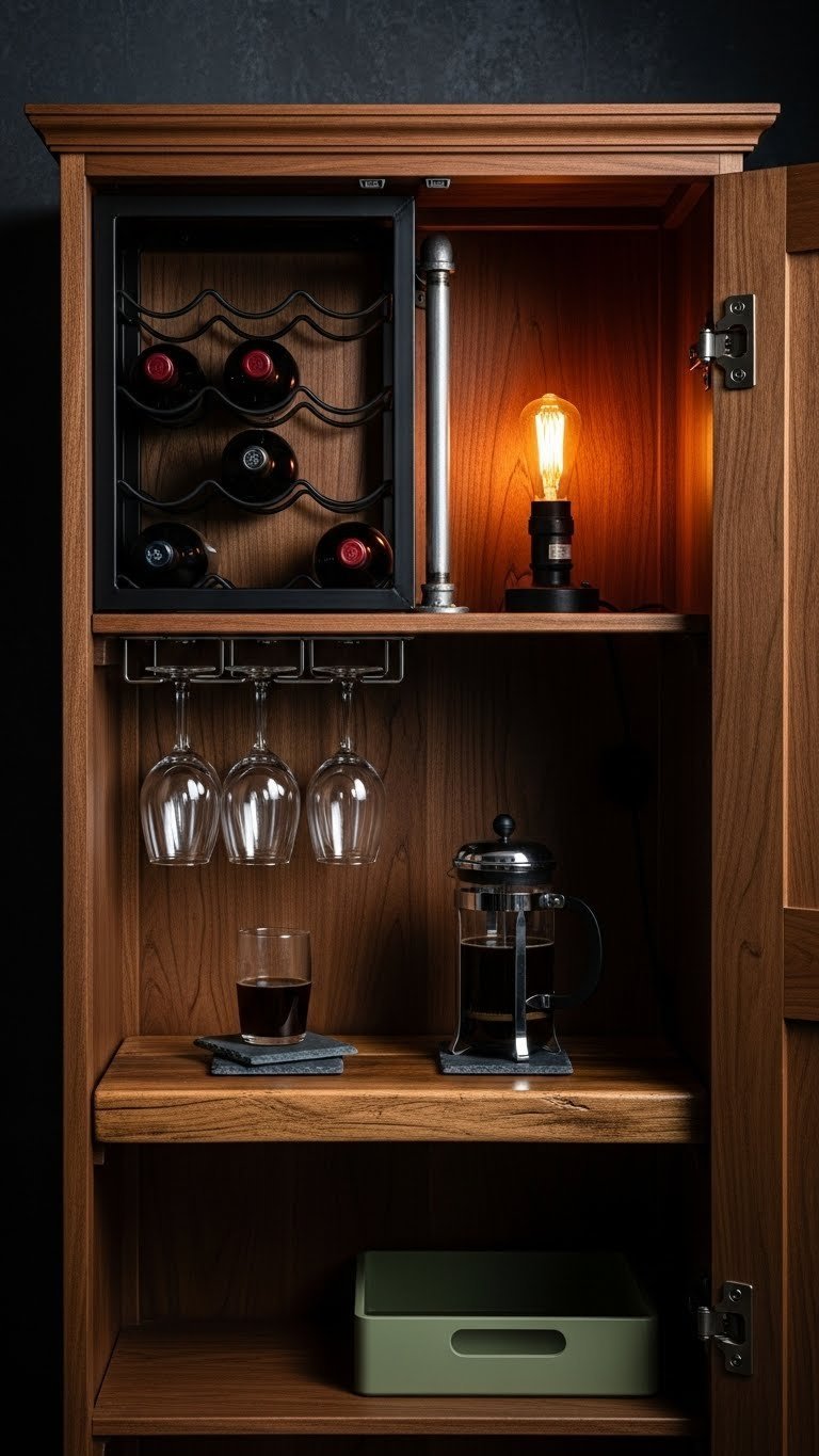 Rustic industrial walnut armoire coffee and wine bar with pipe shelving and French press on reclaimed wood.