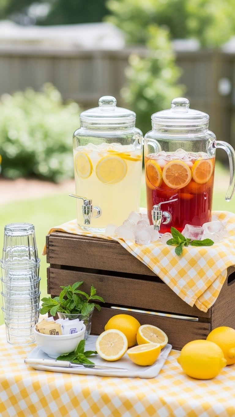 Rustic lemonade and iced tea stand with glass pitchers, fresh lemon slices, and charming wooden crate setup