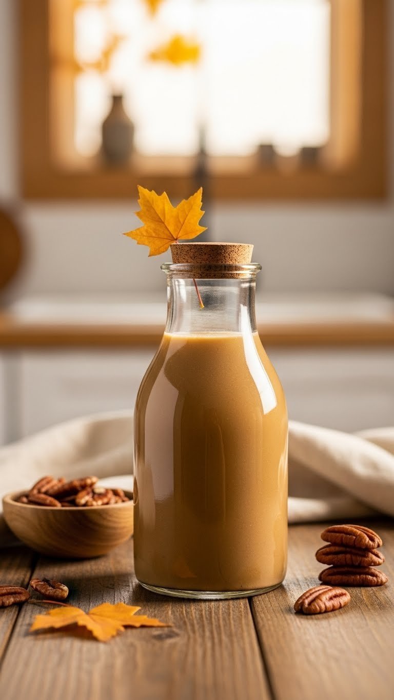 Rustic maple pecan coffee creamer in glass bottle with autumn leaves and pecans on wooden table