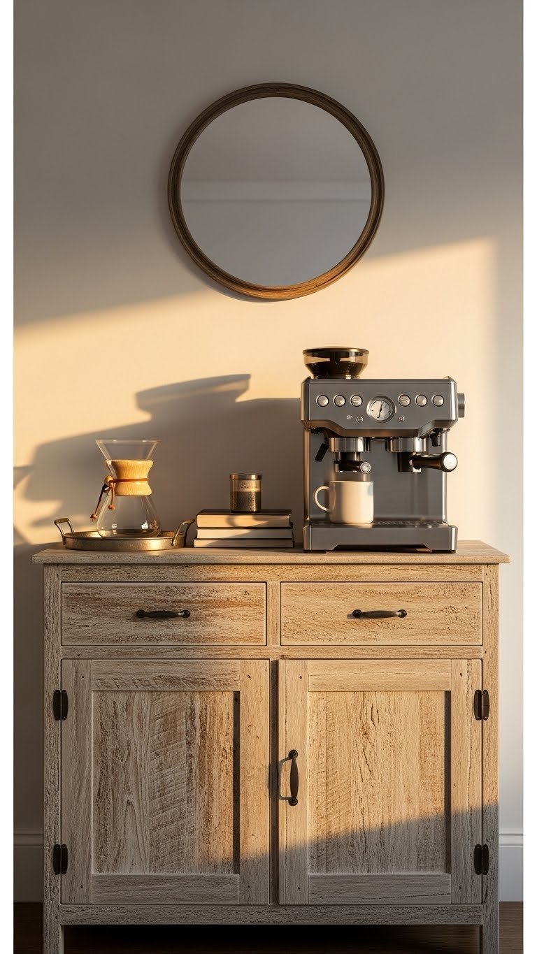 Rustic modern coffee bar setup with distressed wood cabinet, minimalist hardware, and warm golden hour lighting