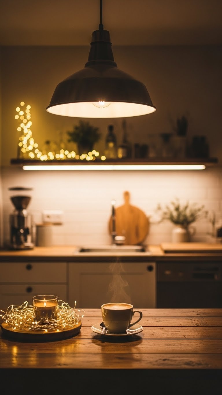Rustic modern coffee bar with integrated lighting featuring pendant lights illuminating reclaimed wood counter